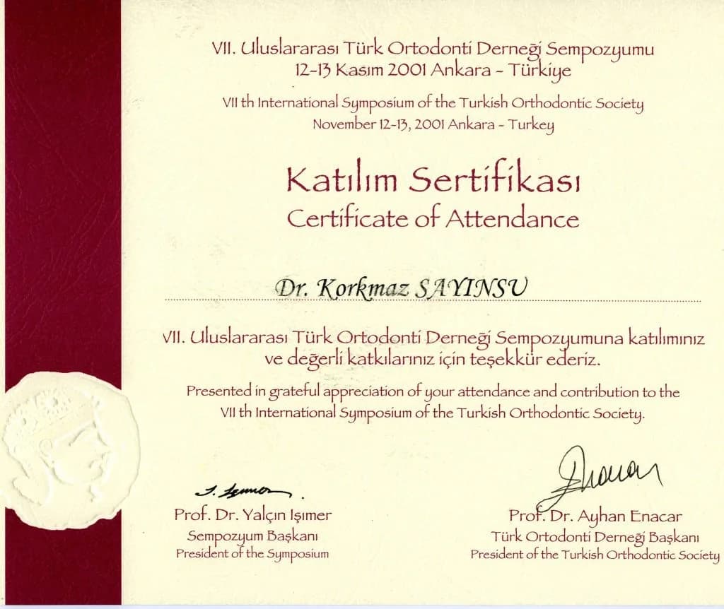 Prof. Dr. Korkmaz Sayınsu'nun katıldığı eğitim ve kongre belgesi