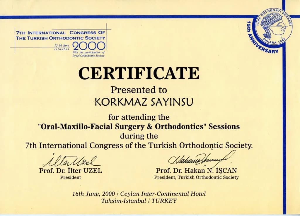 Prof. Dr. Korkmaz Sayınsu'nun katıldığı eğitim ve kongre belgesi
