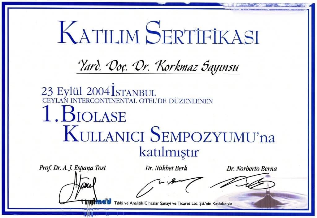 Prof. Dr. Korkmaz Sayınsu'nun katıldığı eğitim ve kongre belgesi